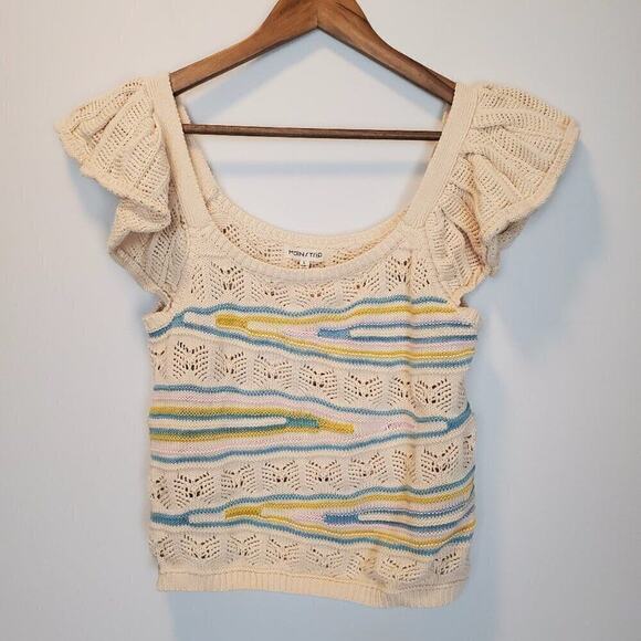 Main Strip Tops - Main Strip Pointelle Knit Cream Crochet Cropped Flutter Sleeve Top Size Large